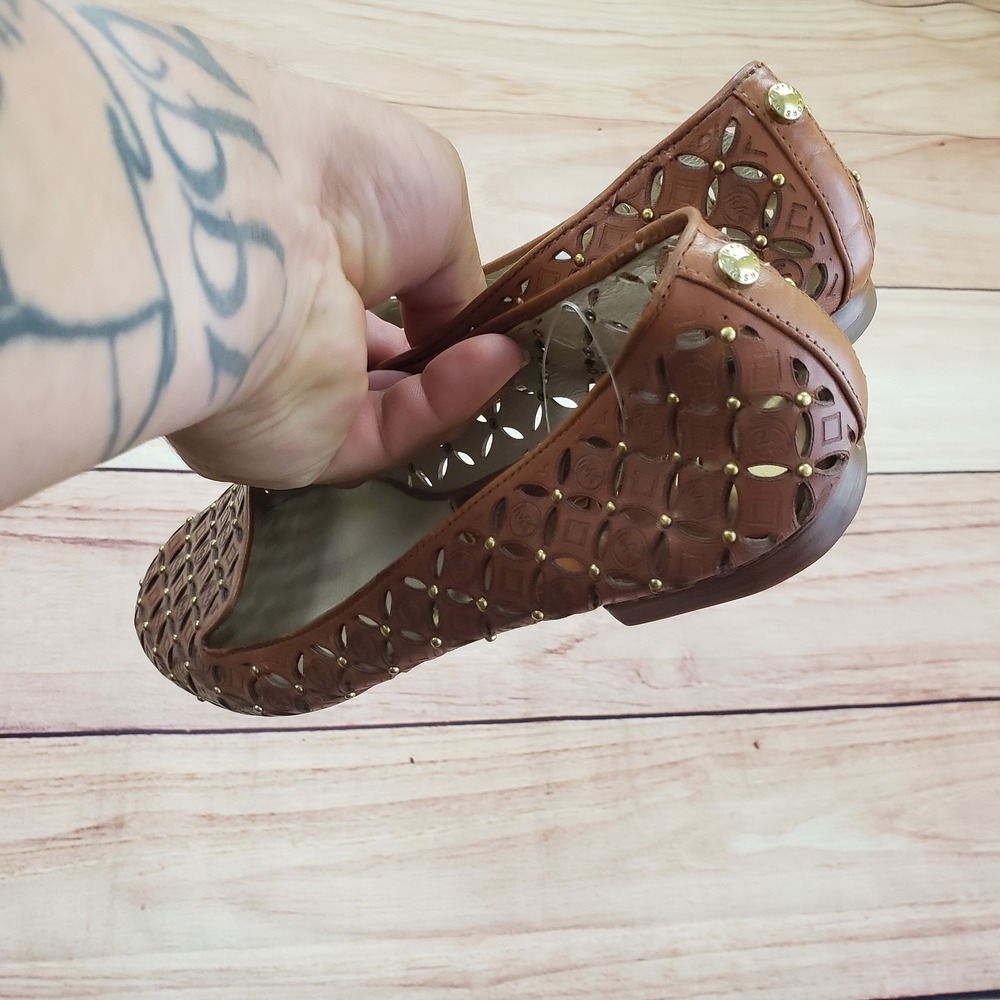Michael Kors Shoes Womens Size 9M Brown Laser Cut Studded Flats Leather MK Logo - Picture 8 of 9